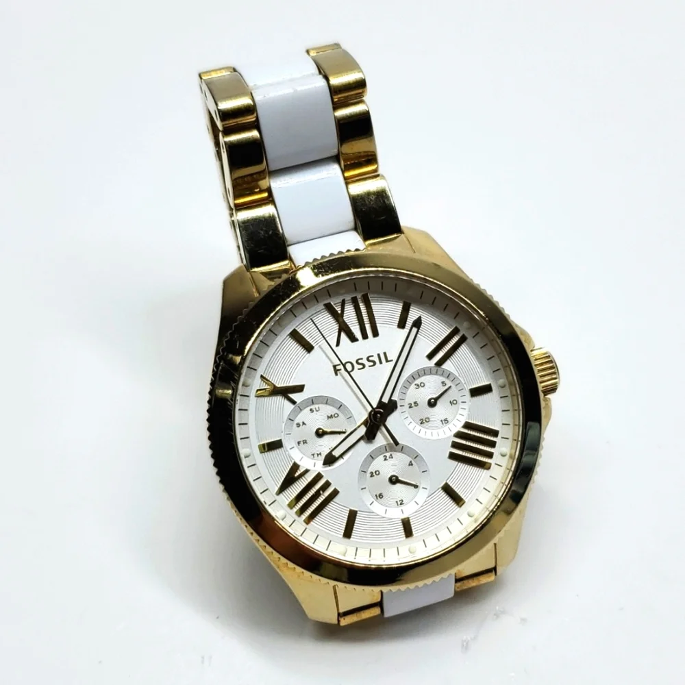 Fossil Watch AM4645 Gold White Two Tone Wristband White Face Chronograph
